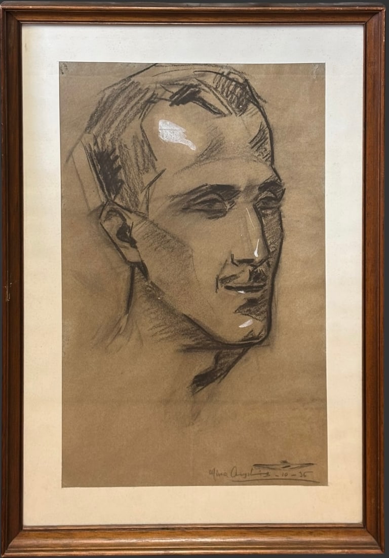 Signed Italian School 1936 Charcoal Portrait Study of a Man (1 of 4)