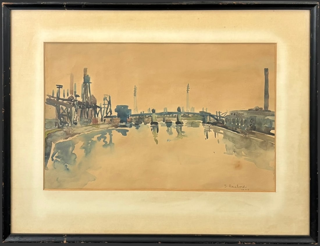 1928 Illegibly Signed Industrial Waterfront Watercolor Painting (1 of 4)