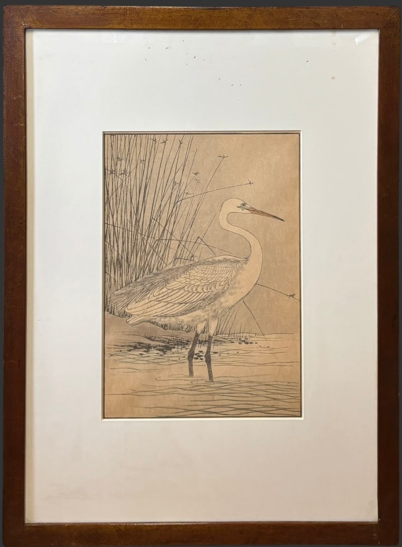 Imao Keinen (1845–1924) "White Heron" Japanese Woodblock Print: A ref