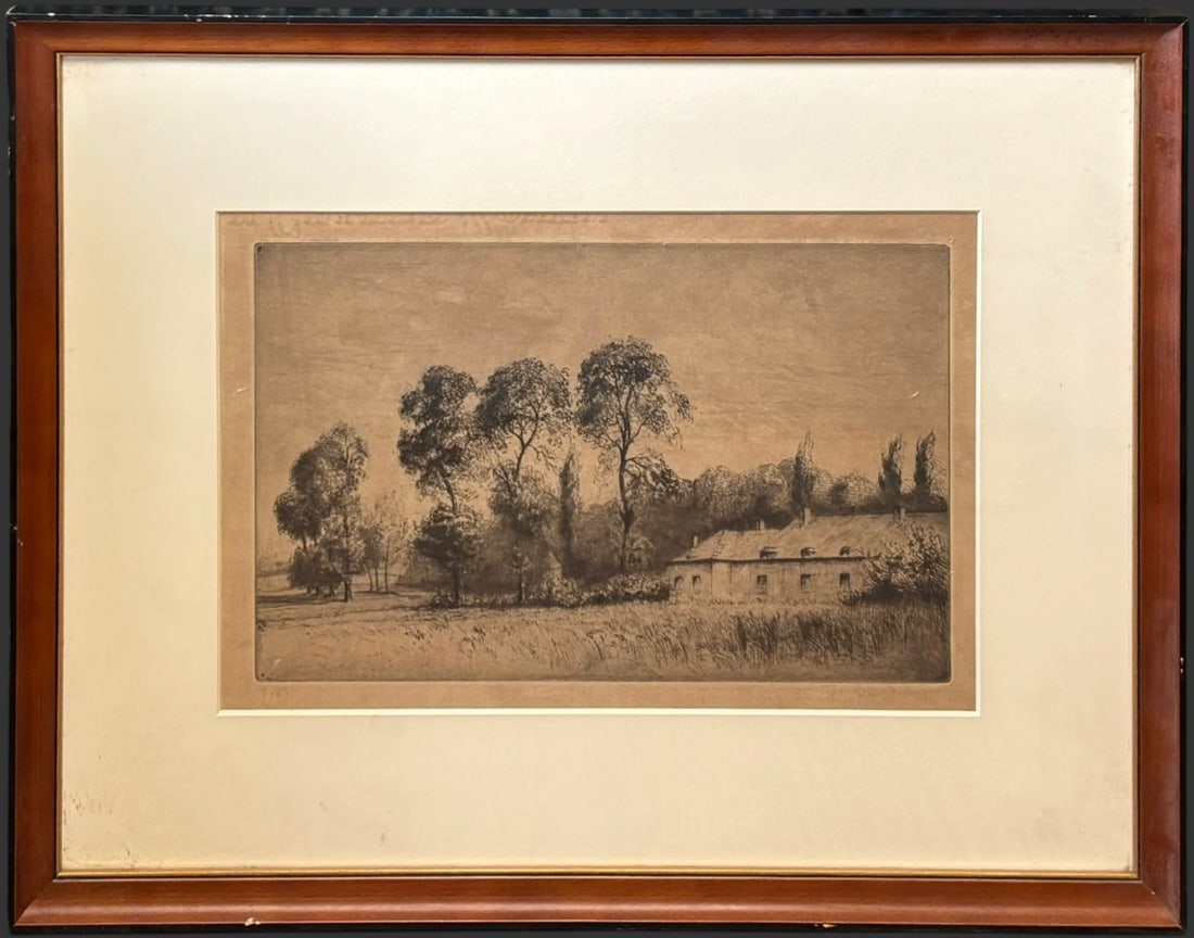 Antique Signed Landscape Etching Pastoral Cottage Scene (1 of 4)