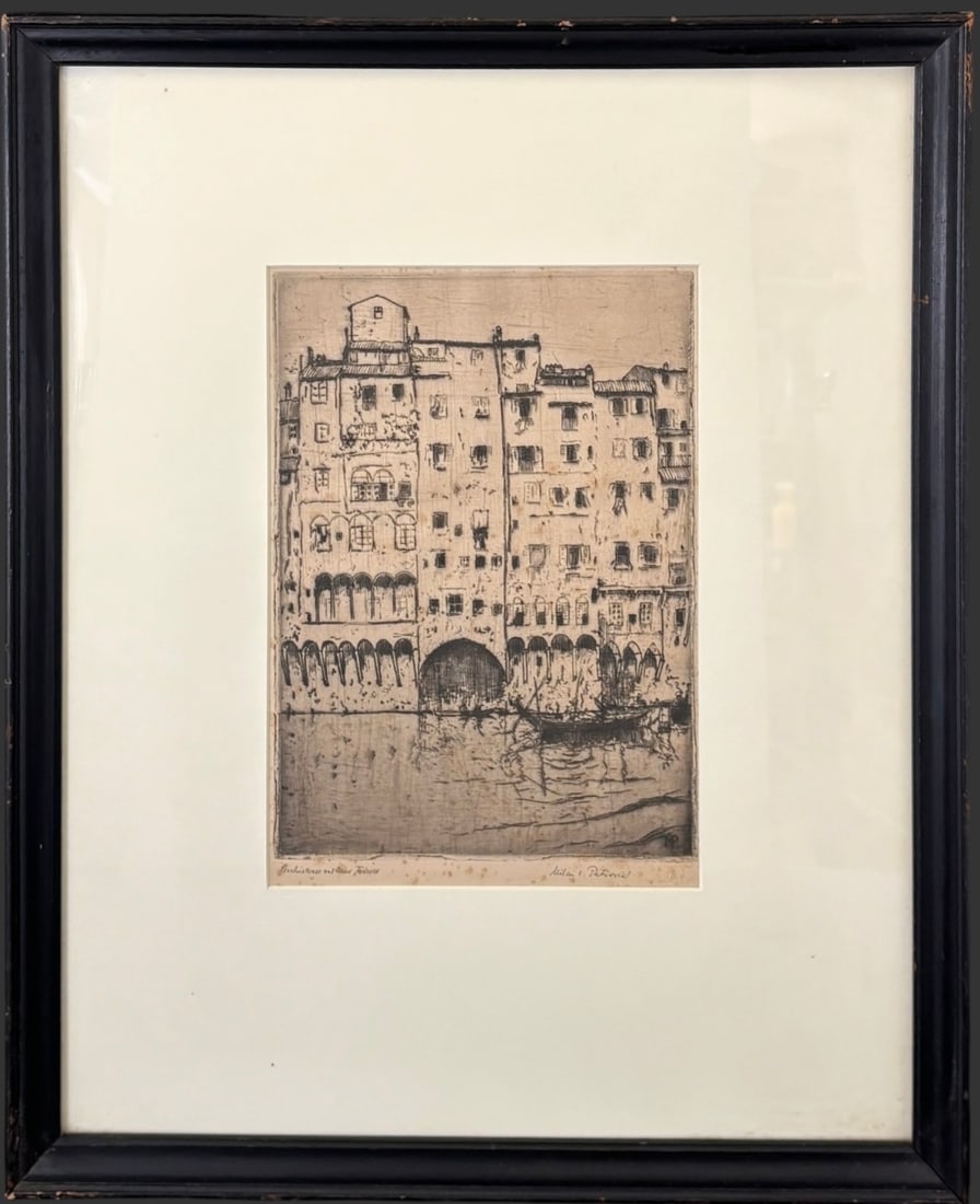 'Milan V. Petrini' Italian Etching of Florence Riverside Architecture (1 of 5)