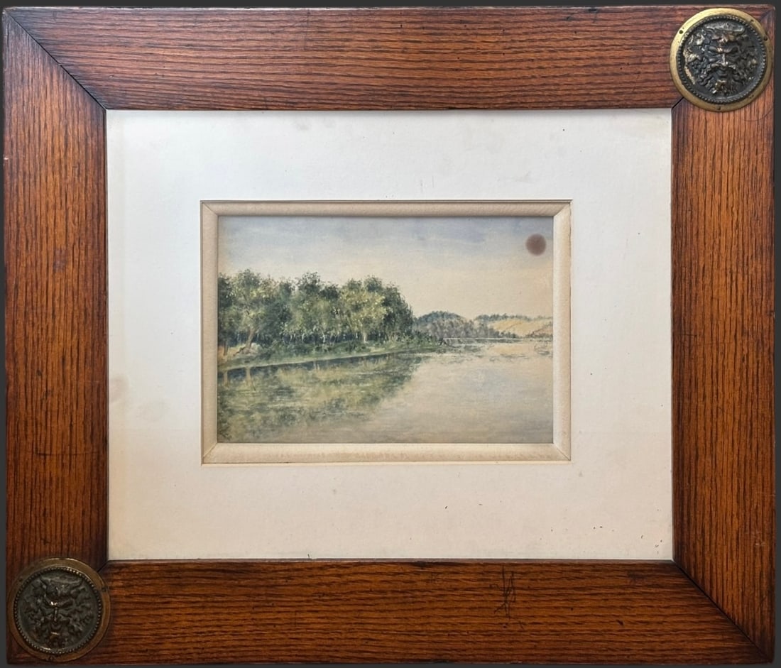 Antique Landscape Watercolor Painting in Arts & Crafts Oak Frame: An ant