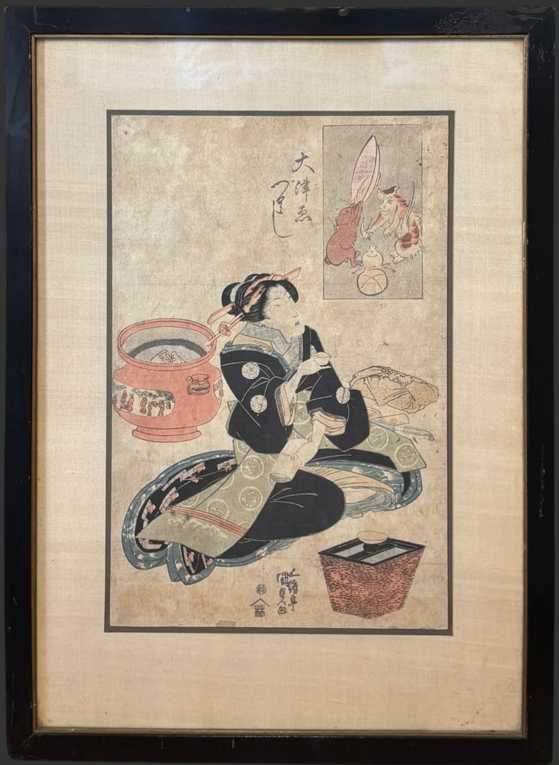 Utagawa Kunisada (Toyokuni III) Woodblock Print Otsu-e “Cat and Mouse: An o