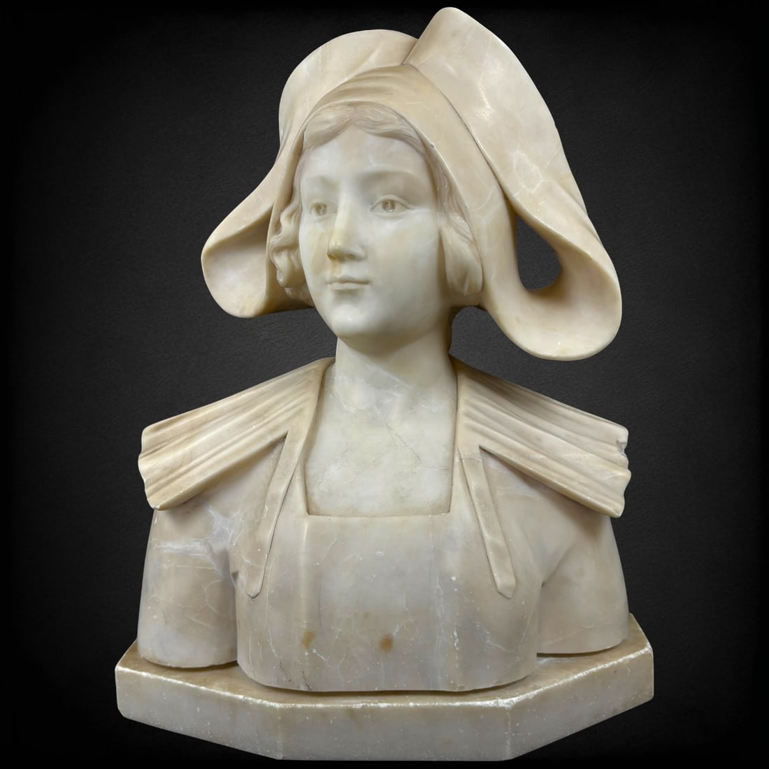 19th Century Carved Alabaster Bust of Young Woman with Bonnet (1 of 13)