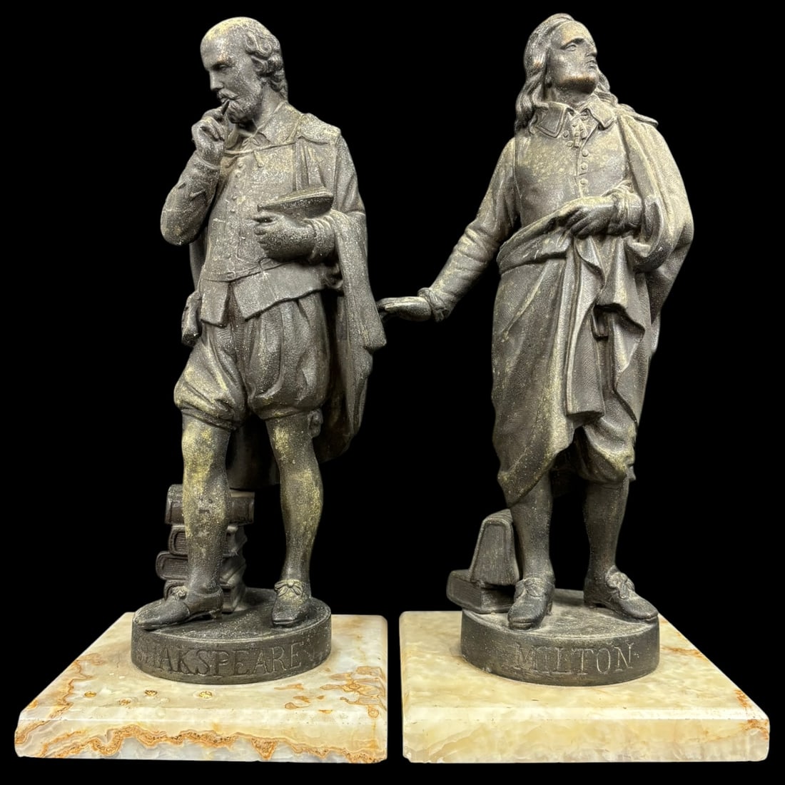 Antique Shakespeare & Milton Figural Metal Bookends on Onyx Bases (1 of 8)