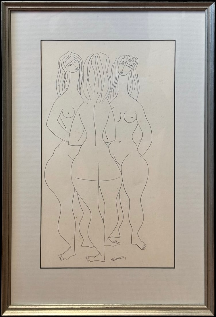 Signed & Framed Modernist Line Drawing of Three Female Nudes (1 of 4)