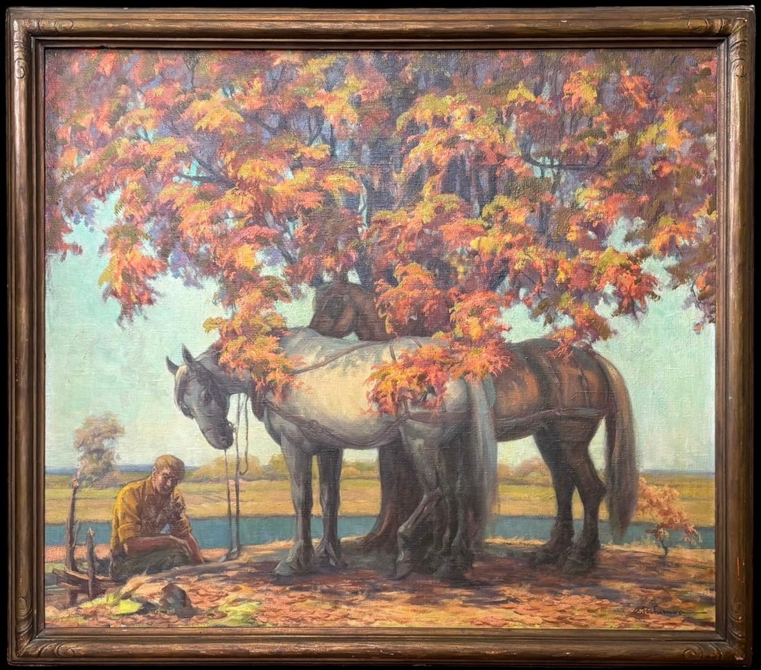 Signed Oil on Canvas Autumn Landscape with Horses: A
