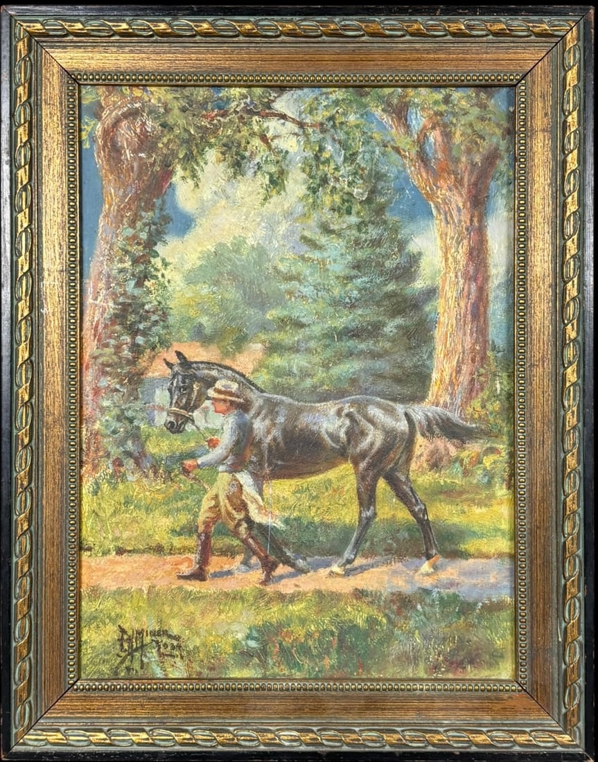 Edward Miner Signed Equestrian Landscape Oil Painting: Char