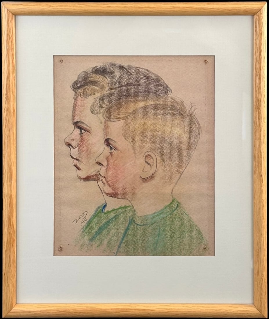 Signed & Dated 1944 Framed Pastel Portrait of Two Boys (1 of 4)