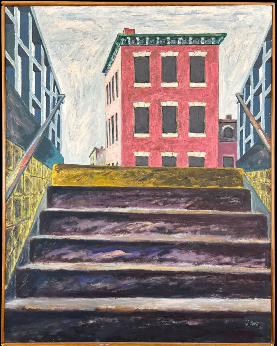 Fred Belli Modernist Urban Stairway Cityscape Oil Painting On Board: Striking signed oil painting by Fred Belli depicting an urban stairway leading toward a vivid red brick building, framed by angular blue-gray structures and yellow retaining walls. The work has a
