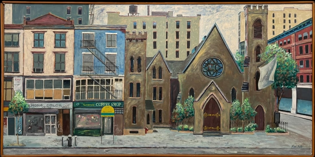 Fred Belli Signed Urban Church Limelight NYC Streetscape Oil Painting (1 of 5)