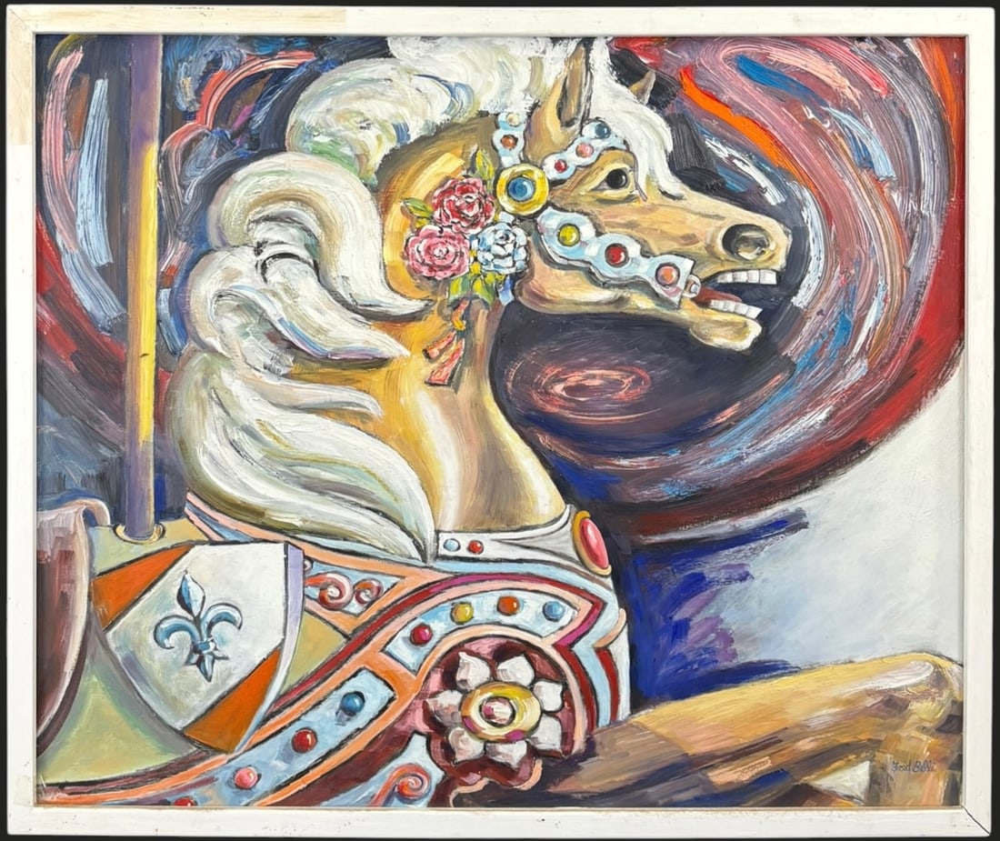 Fred Belli Signed Carousel Horse Oil Painting on Masonite (1 of 4)