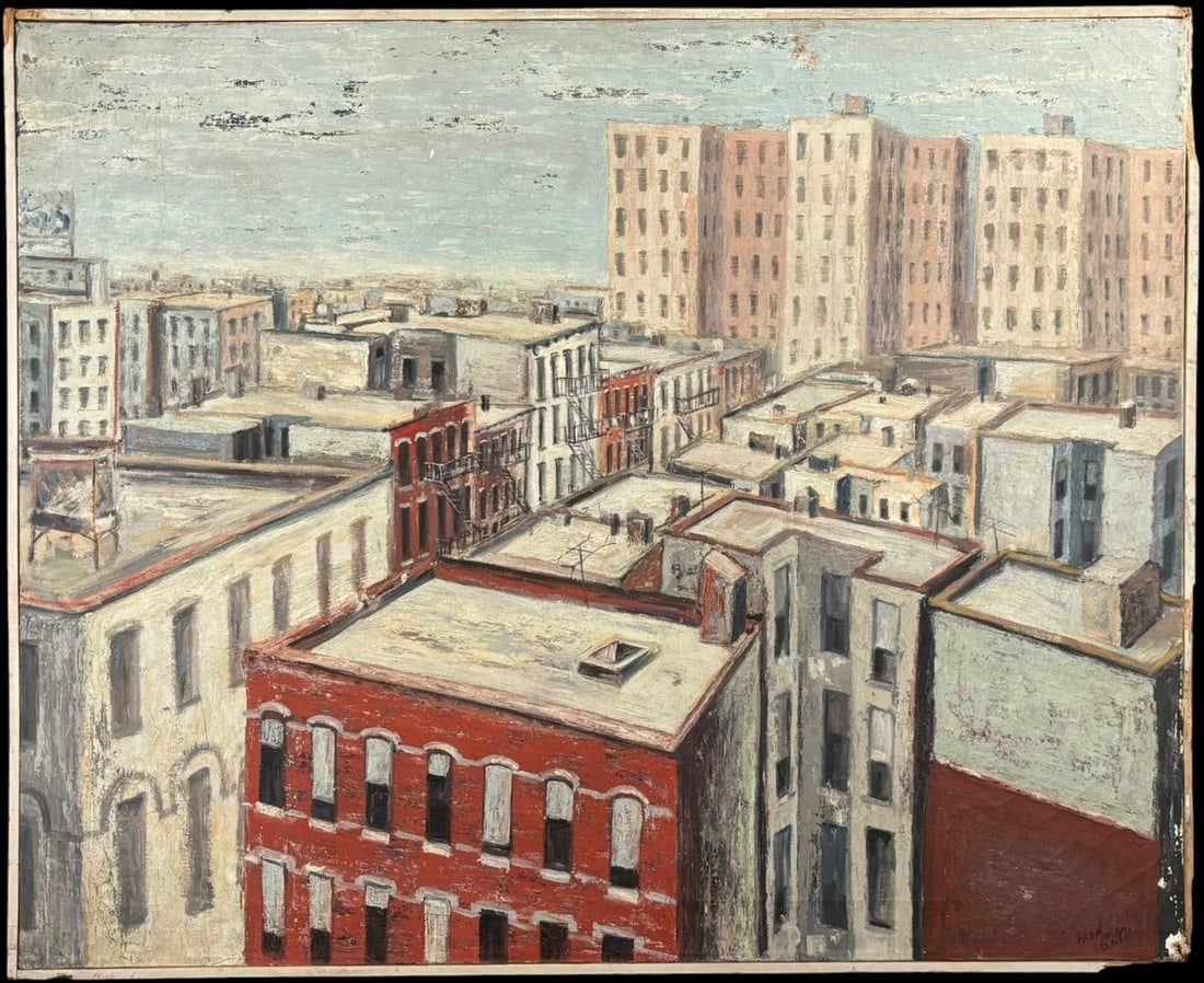 Fred Belli Signed Urban Rooftop Cityscape Oil Painting (1 of 6)