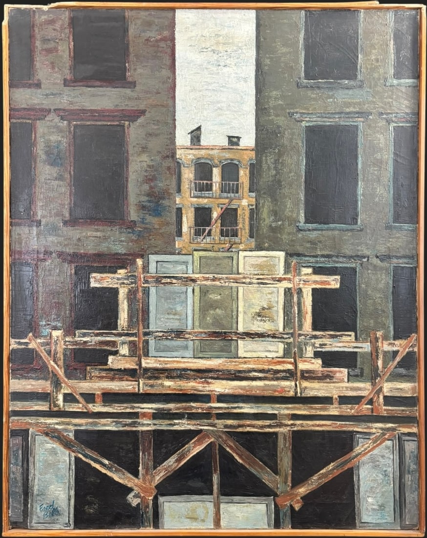 Fred Belli Signed Urban Construction Scene Oil Painting on Canvas: Si
