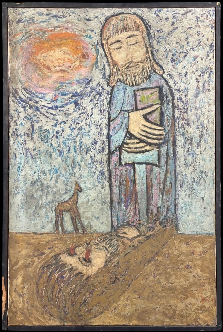 Folk Art Religious Scene Mixed Media Painting of Saintly Figure with Lamb (1 of 4)