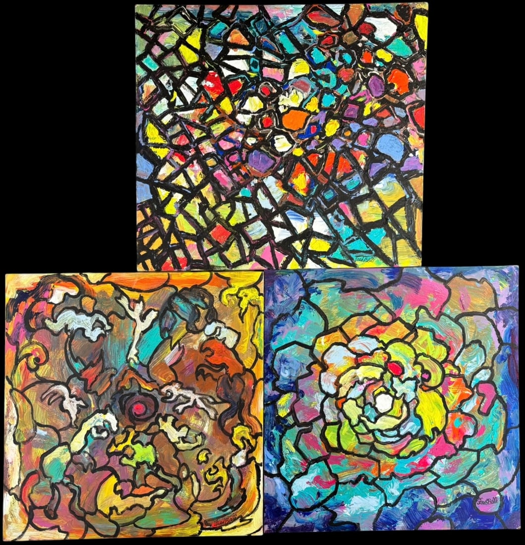 Lot of 3 Fred Belli Signed Contemporary Abstract Paintings on Board (1 of 6)