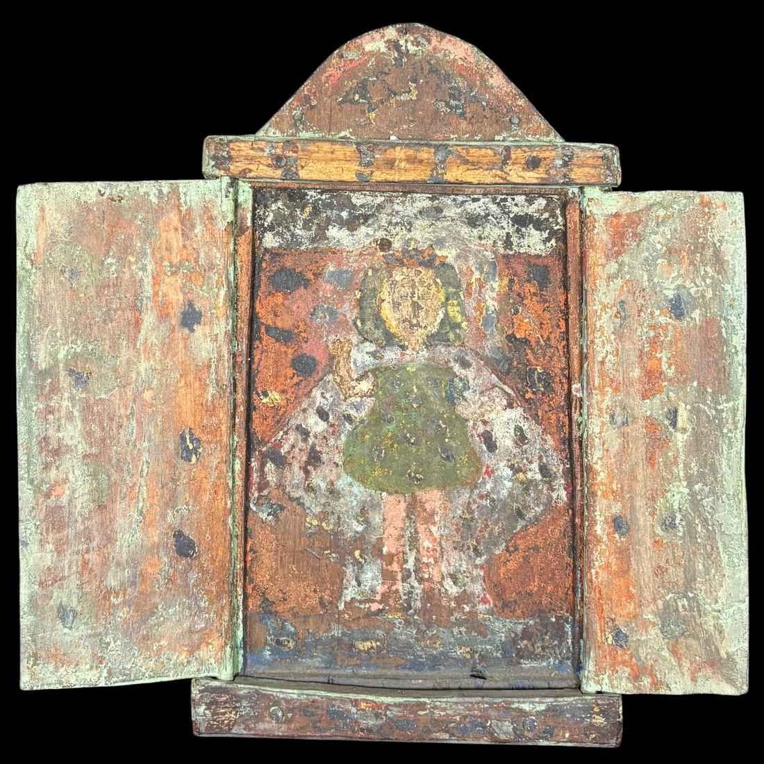 Continental or Mexican Folk Art Triptych Altar Painting Polychrome Wood Panel (1 of 4)