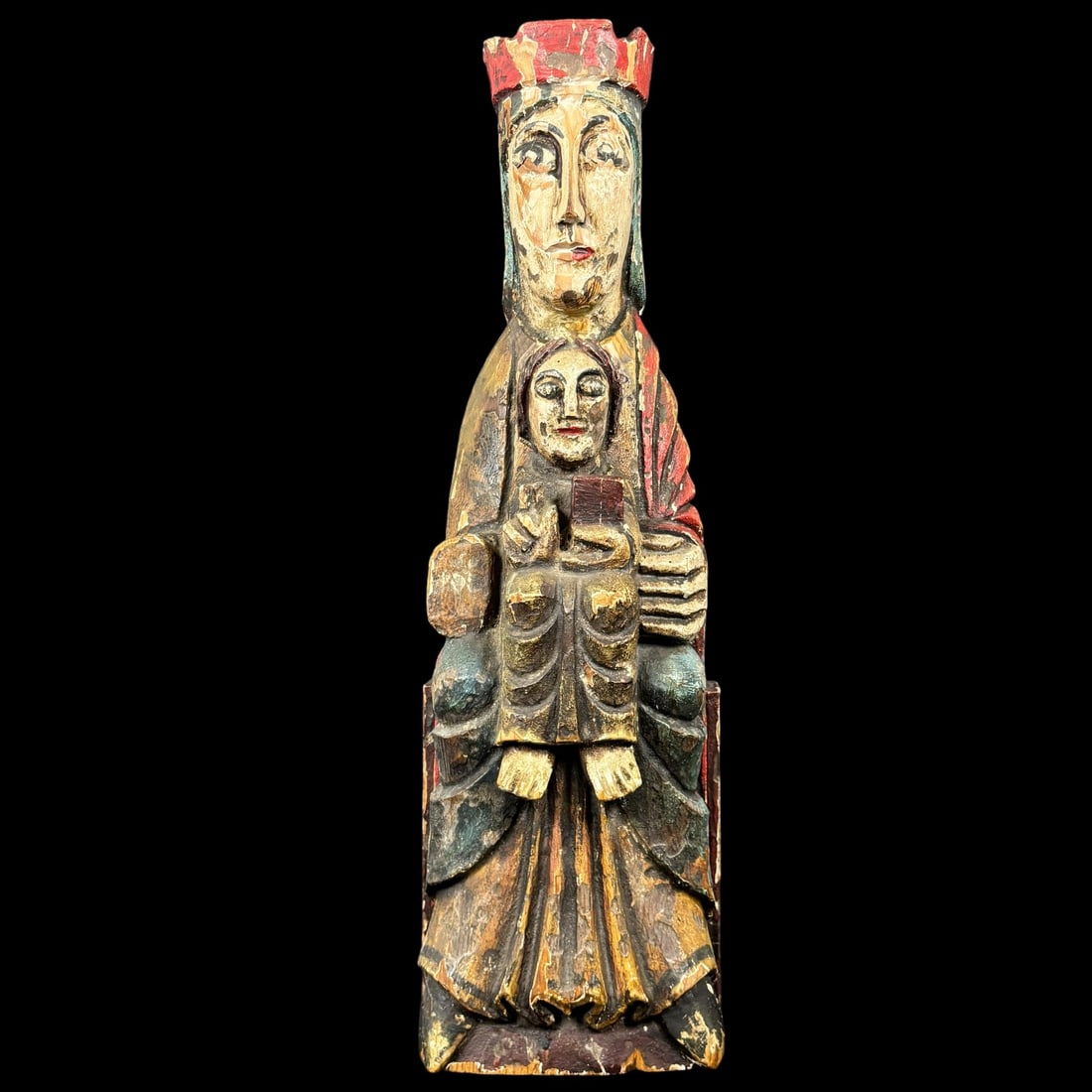 Antique Polychrome Carved Wood Madonna and Child Santos Figure