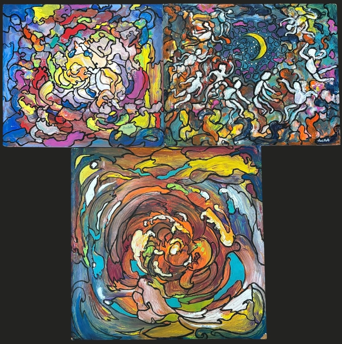 Lot Of 3 Signed Fred Belli Abstract Acrylic Paintings