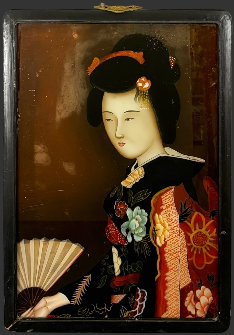 Antique Japanese Reverse-Painted Glass Portrait of a Geisha in Lacquered Frame (1 of 4)