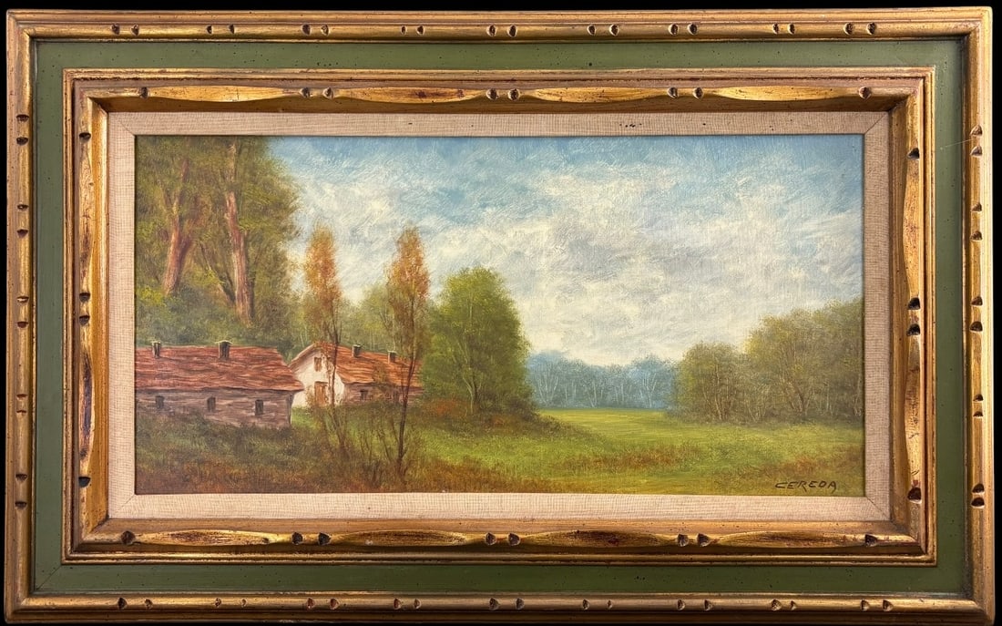 'Cereda' Signed Framed Landscape Oil Painting of Rural Cottage and Meadow (1 of 4)