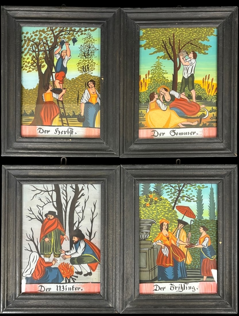 Four Framed German Reverse-Painted Glass Paintings 'Four Seasons' (1 of 6)