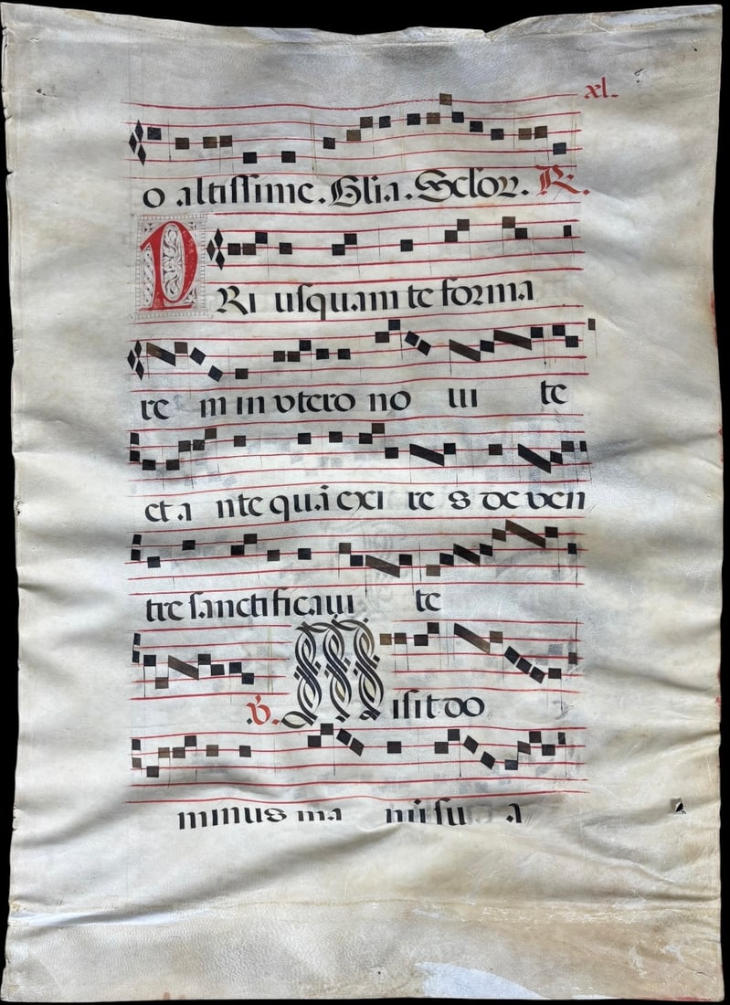 Illuminated Medieval-Style Vellum Choir Manuscript Leaf Gregorian Chant Notation (1 of 4)