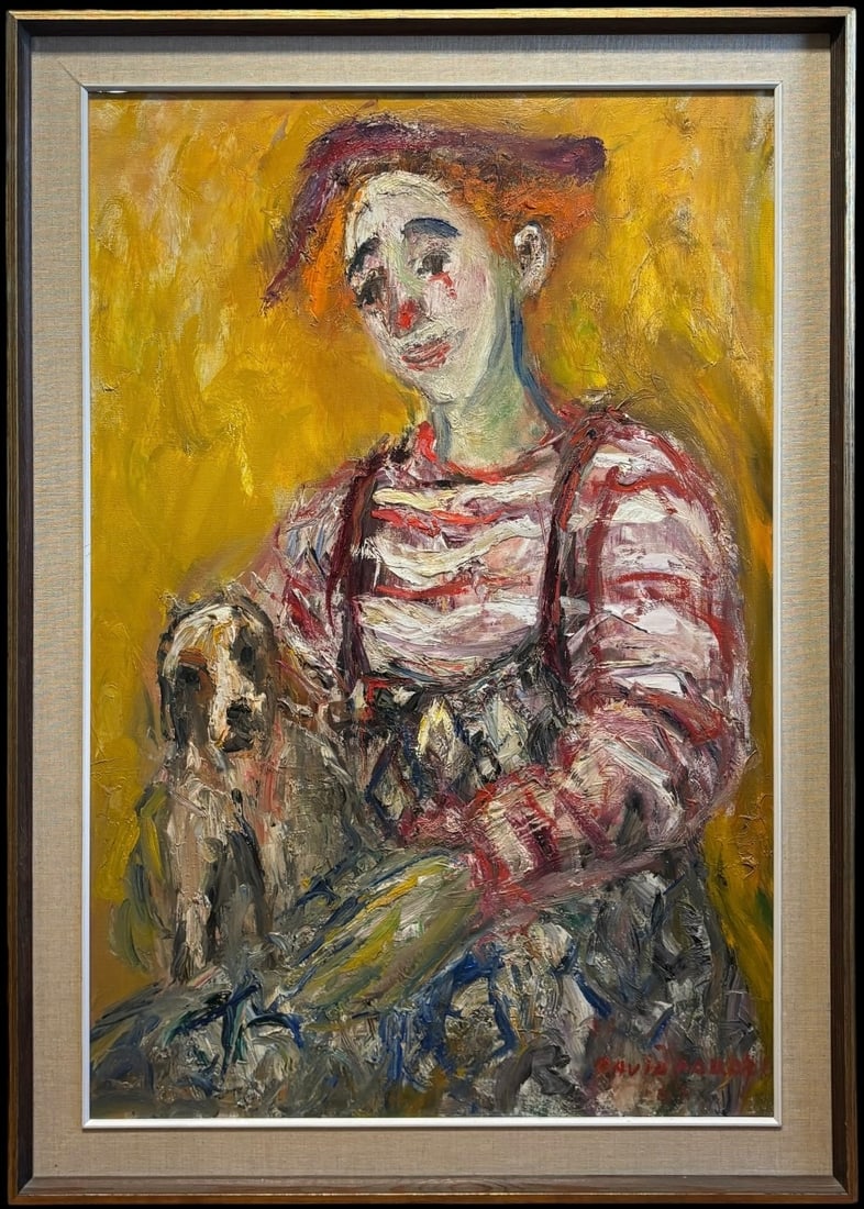 David Pallock 1967 Expressionist Clown with Dog Oil Painting on Canvas (1 of 5)