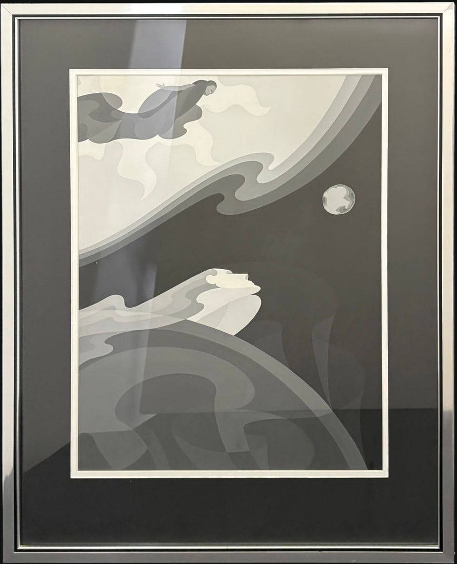 John Vassos “The Moon and the Woman?? Art Deco Illustration Print: A dramatic framed monochrome print after John Vassos (1898–1985), the influential Greek-American artist, illustrator, and industrial designer known for his bold Art Deco graphic style. The compo
