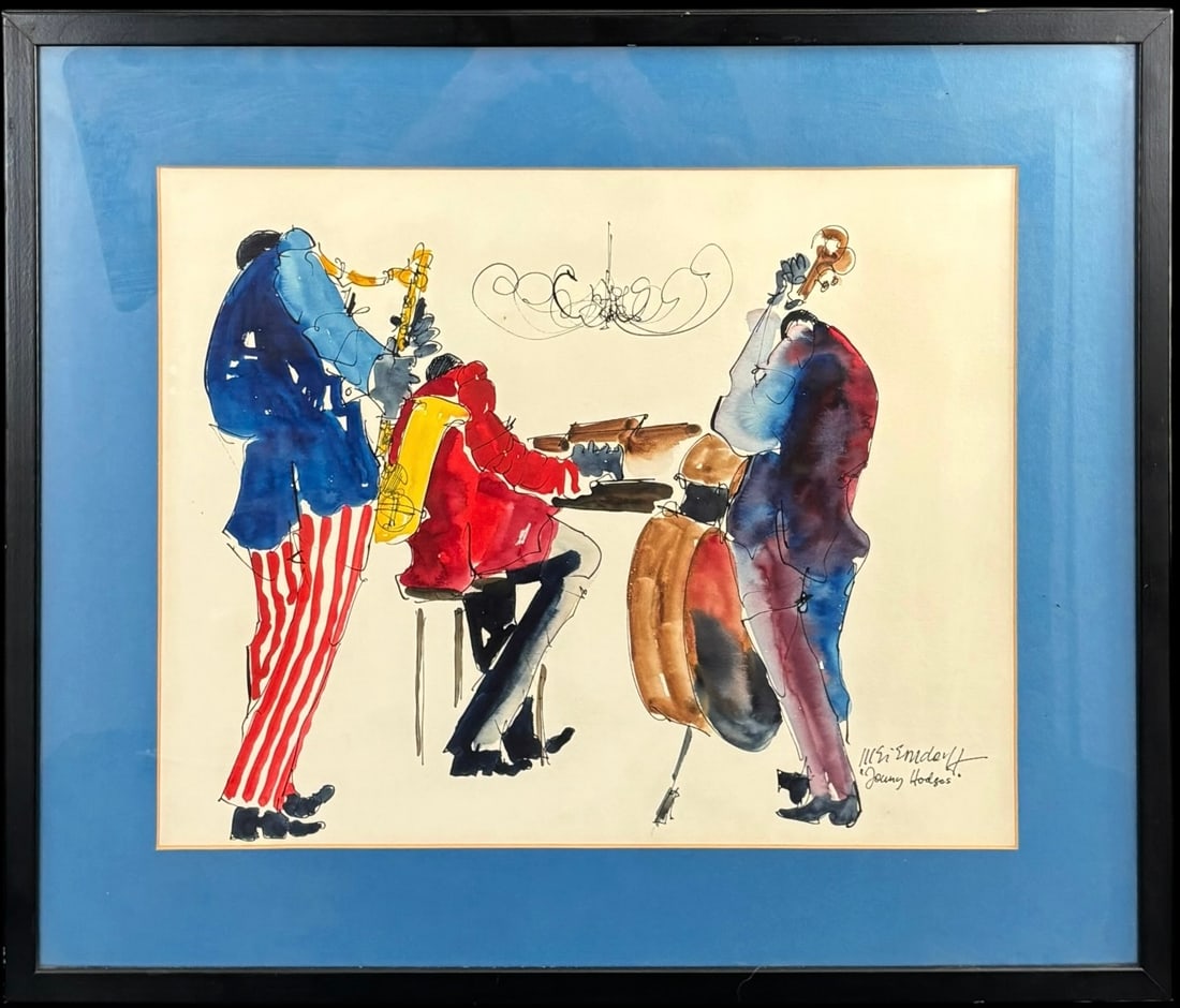 Meri Snider “Young Hodges?? Jazz Trio Watercolor Painting: Expressive watercolor and ink jazz scene signed lower right by Meri Snider and titled “Young Hodges,” depicting a lively trio of musicians with saxophone, piano, and bass. The work feature