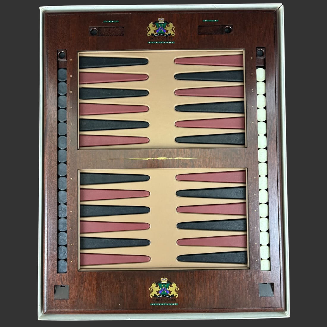 Noble Games Limited Edition Backgammon Set No. 12/200 with Original Box: Offered is a Noble Games limited edition backgammon set, hand-numbered 12/200 and dated 1998, presented in its original box with accompanying rule book, inspection card, warranty/registration literatu