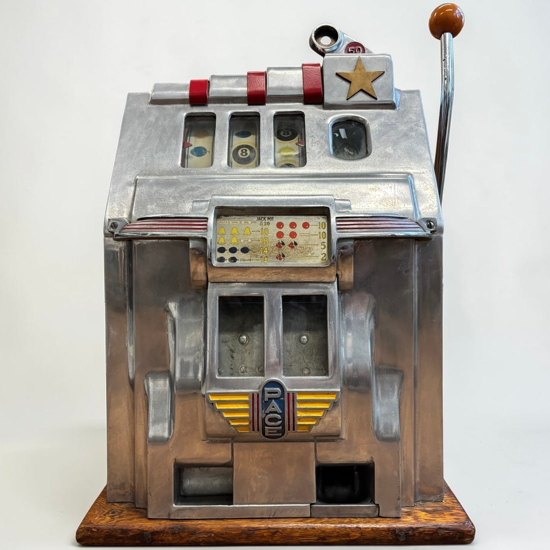 Pace Mfg. Co. 5¢ 8 Star Bell Slot Machine with Jackpot Key & Oak Cabinet (1 of 7)