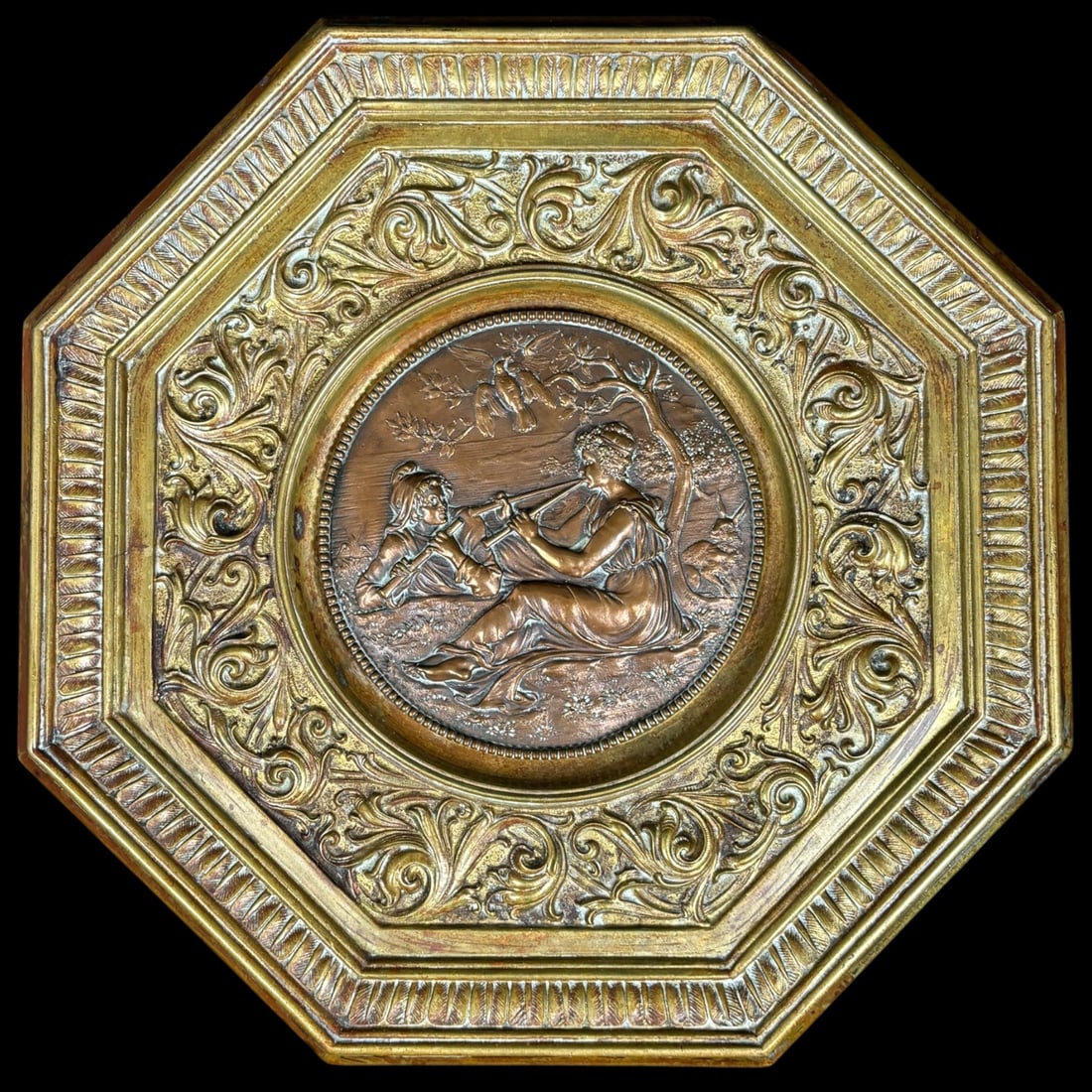 Antique Gilt Bronze Figural Wall Plaque with Classical Medallion Relief: An or