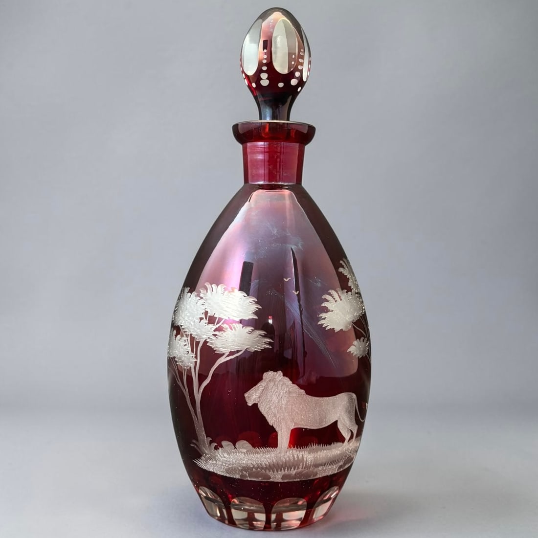 Antique Ruby Red Cut-to-Clear Glass Decanter with Stopper Safari Scene (1 of 9)