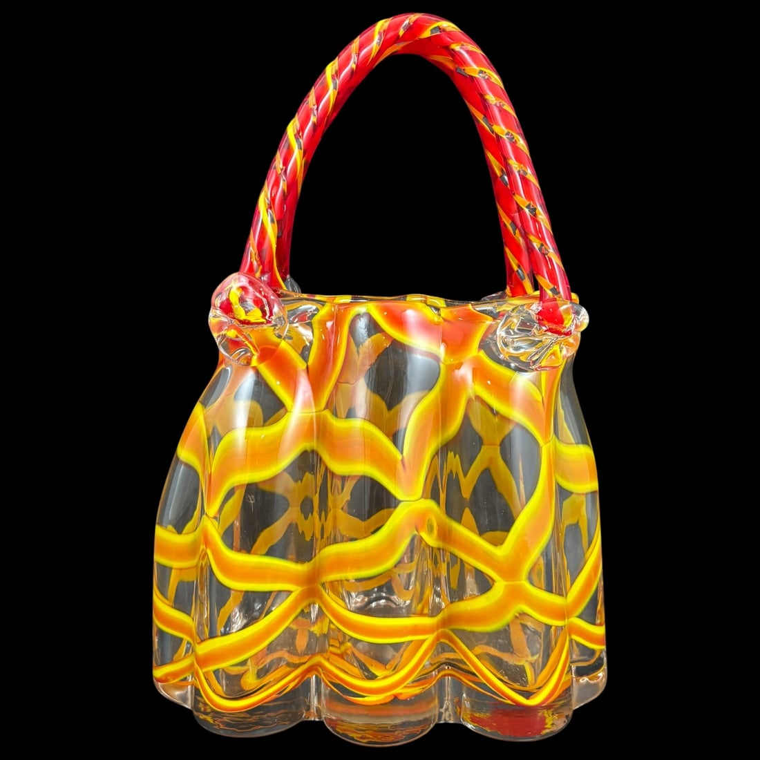 Murano Style Art Glass Handbag Basket Vase with Red and Yellow Swirl: Str