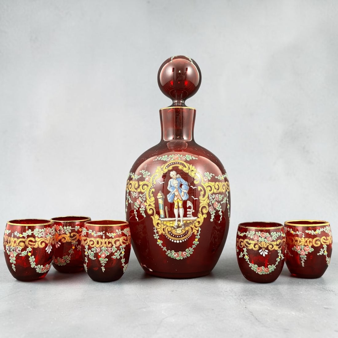 Ruby Red Bohemian Glass Decanter Set with Stopper and Five Cordials (1 of 11)