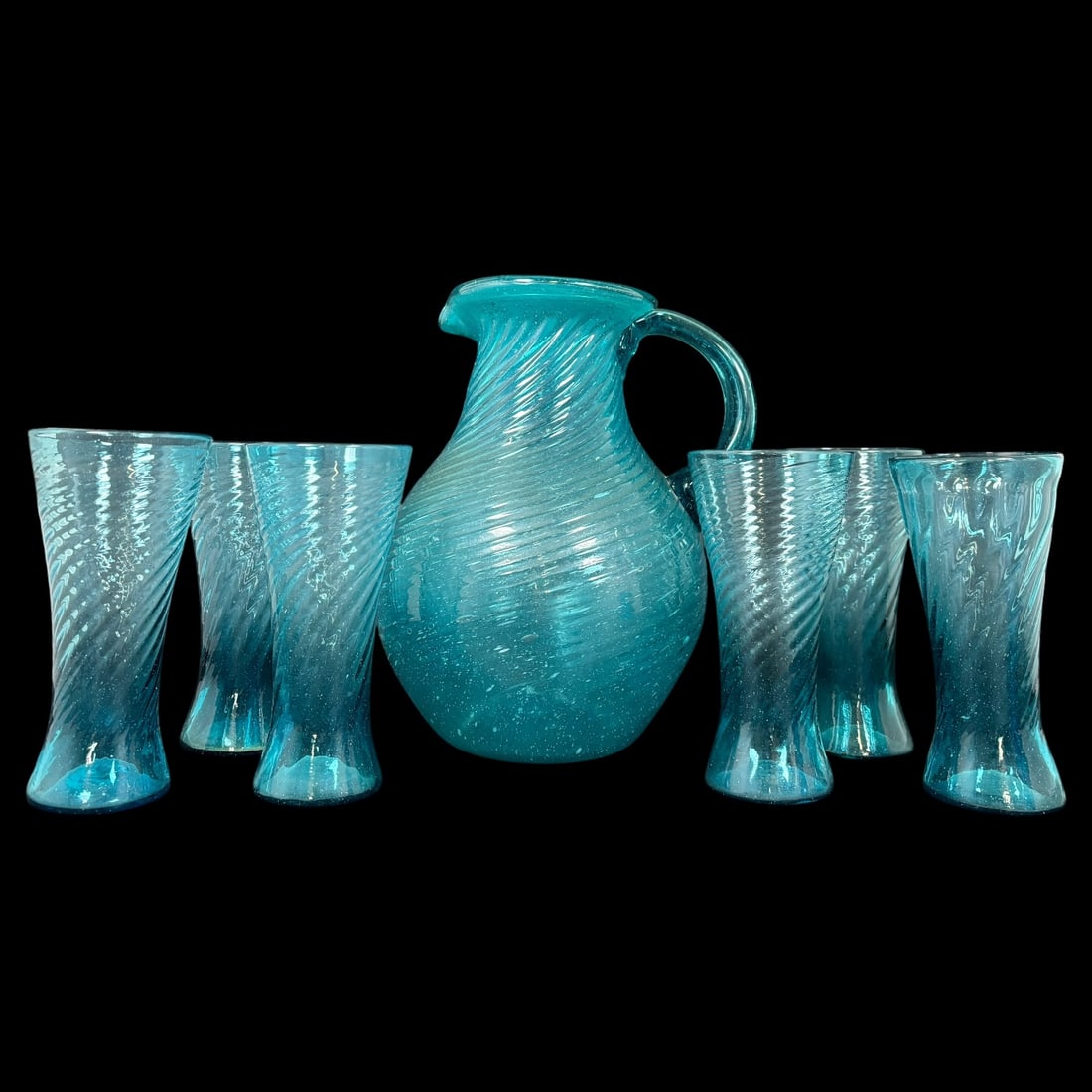 Aqua Blue Swirl Art Glass Pitcher and Six Tumblers Set (1 of 9)