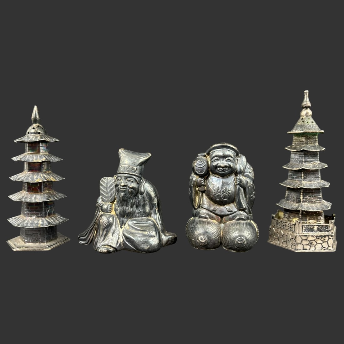 Japanese 950 Sterling Silver Pagoda & Immortal Figural Salt & Pepper Shaker Set: A fi