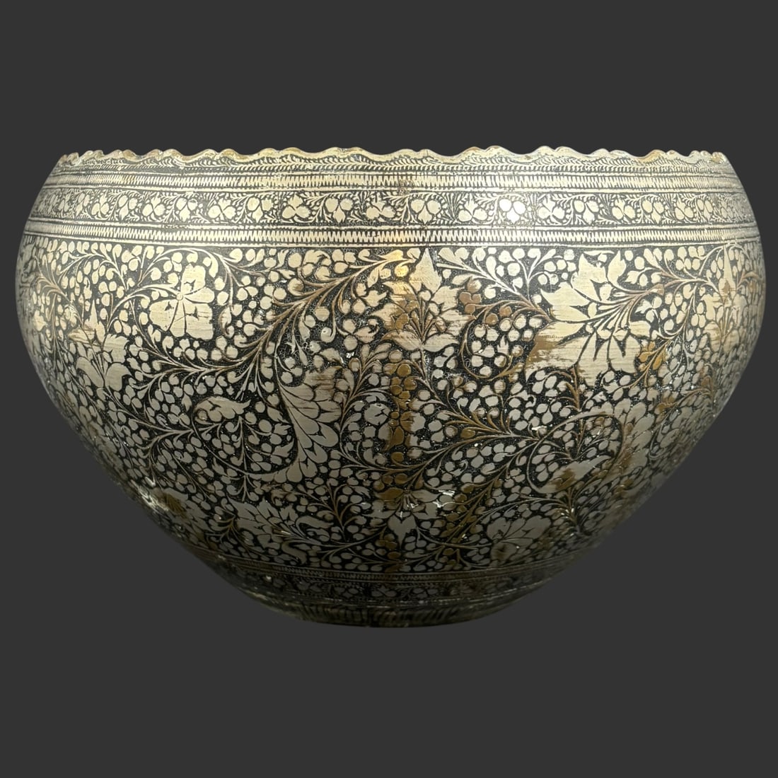 Indo-Persian Bidriware Bowl with Silver Inlay Floral Decoration: An i