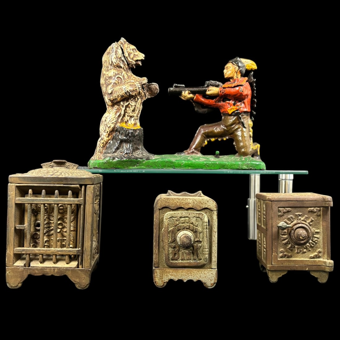 Antique Cast Iron Mechanical Bear Bank with Three Figural Safe Still Banks (1 of 10)