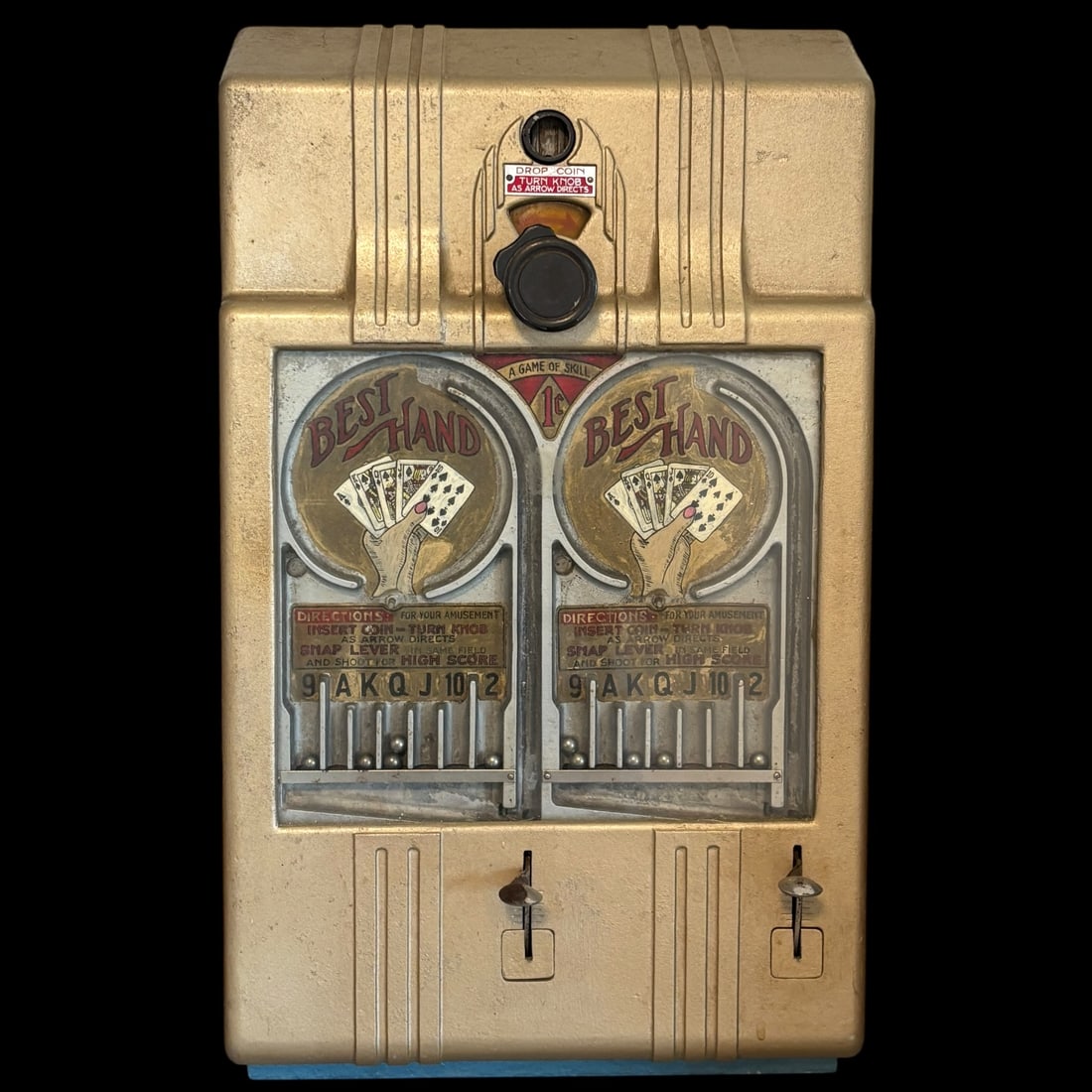 Vintage 1¢ “Best Hand?? Dual Trade Stimulator Coin-Op Skill Game: Vintage “Best Hand” one-cent dual trade stimulator/coin-operated skill game featuring two side-by-side playing fields with card-hand graphics, metal ball tracks, snap levers, and original-