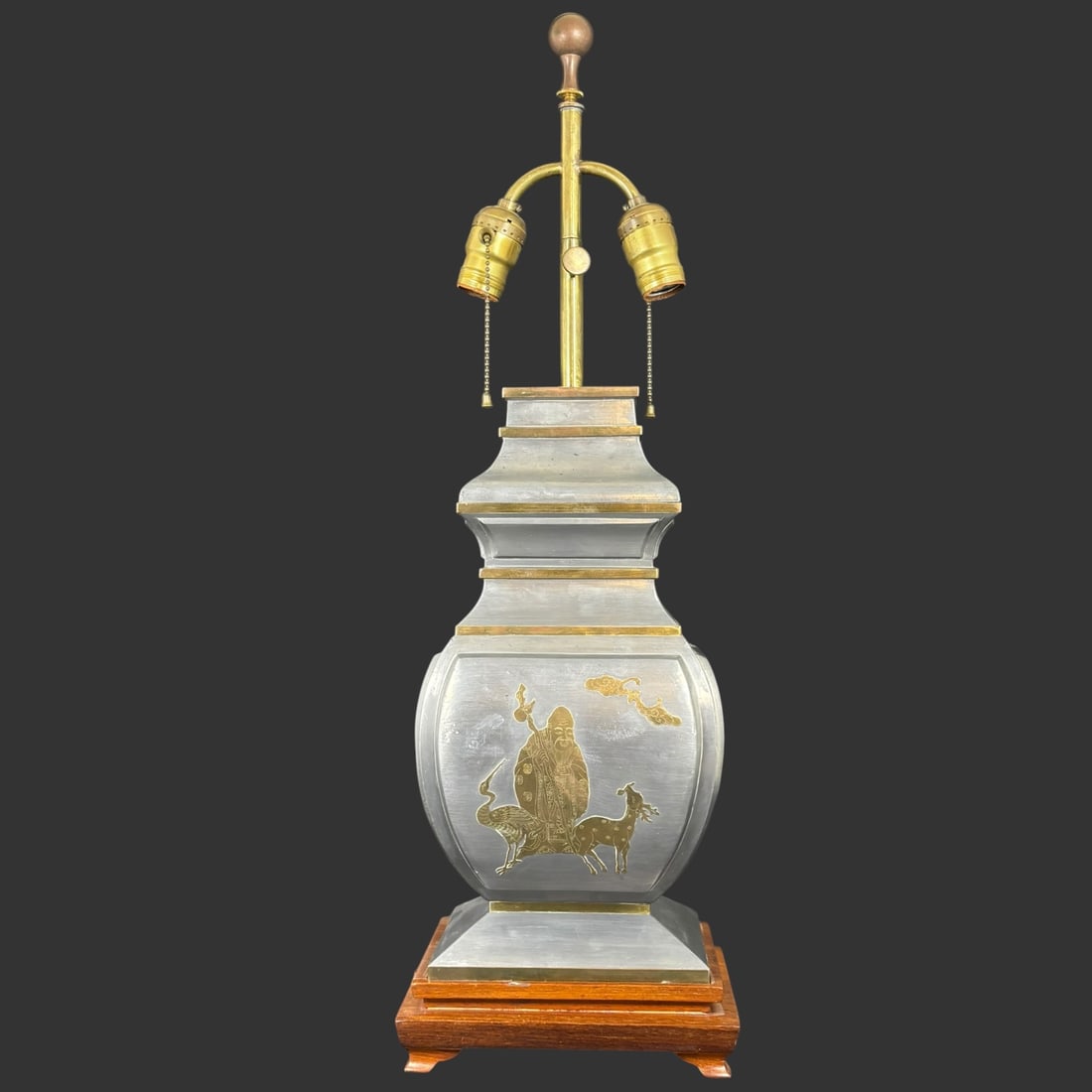 Oriental Pewter & Brass Table Lamp Figural Crane & Deer Motif: Stri