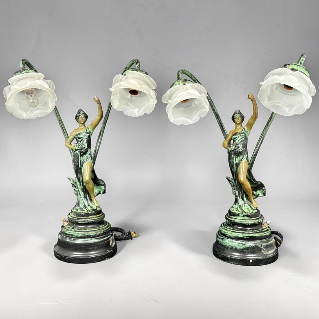 Pair of Art Nouveau Figural Table Lamps with Frosted Flower Shades (1 of 7)