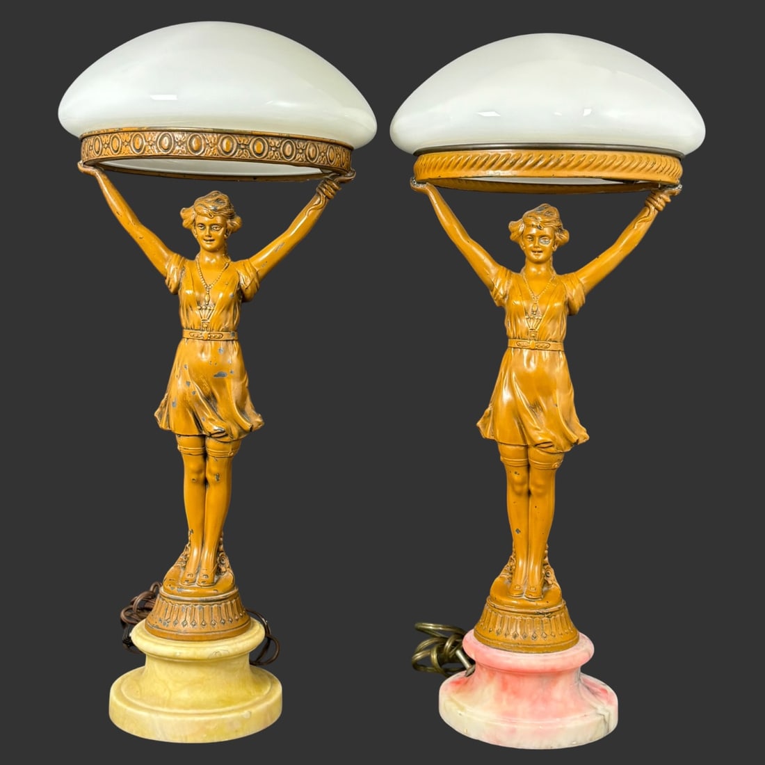 Pair of Art Deco Figural Table Lamps Female Figures Holding Glass Domes (1 of 9)