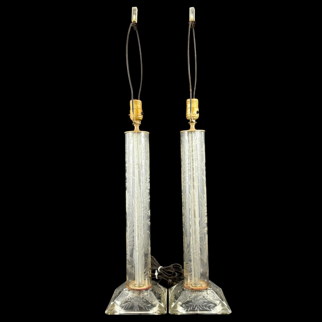 Pair of Vintage Etched Glass Column Table Lamps with Floral Motif (1 of 6)