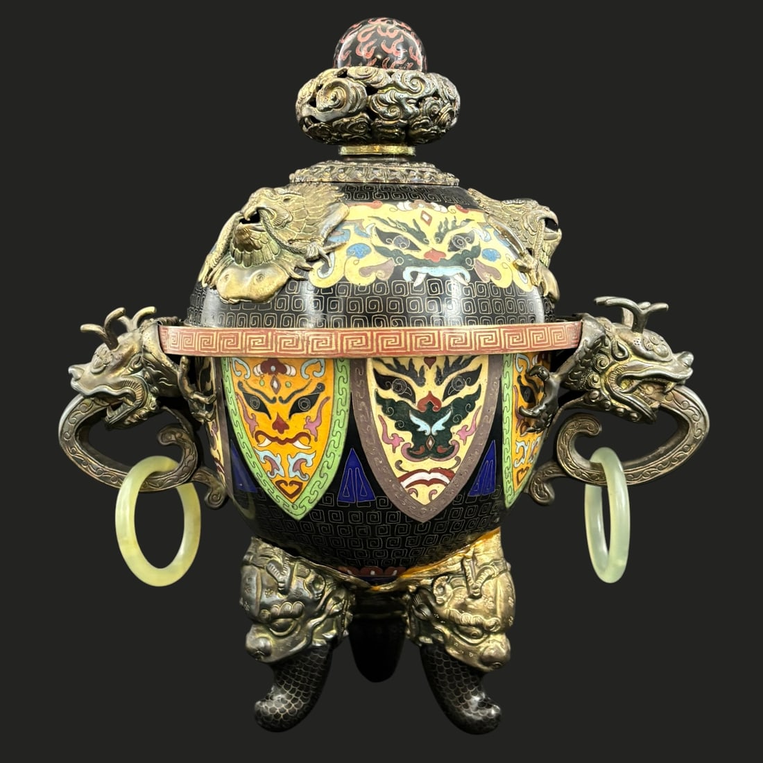 Chinese Cloisonne Dragon Handle 3-Legged Censor w/ Jade Handles (1 of 14)