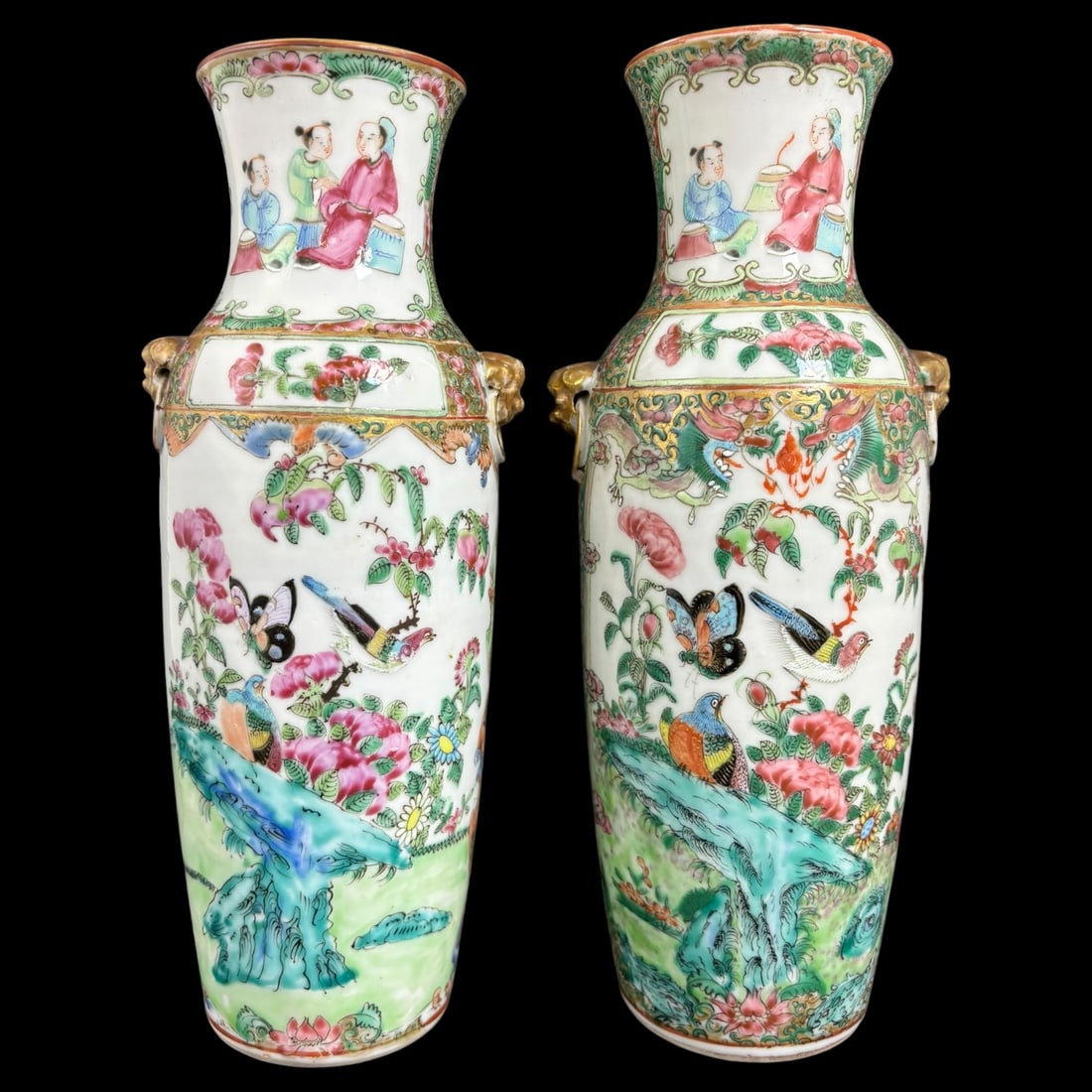 Pair of Chinese Famille Rose Porcelain Baluster Vases Gilt Lion Mask Handles: A