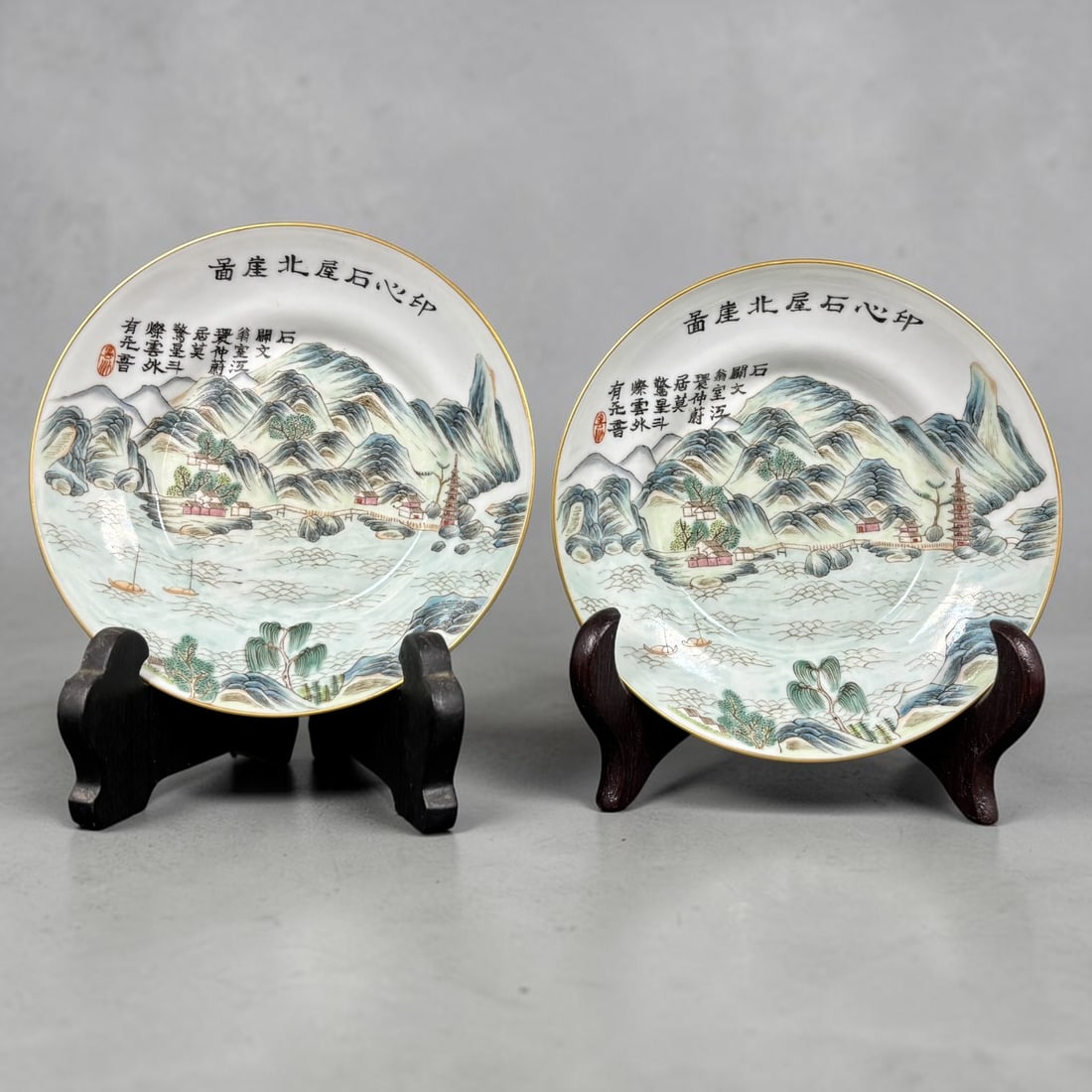 Pair of Antique Chinese Porcelain Landscape Plates: A d