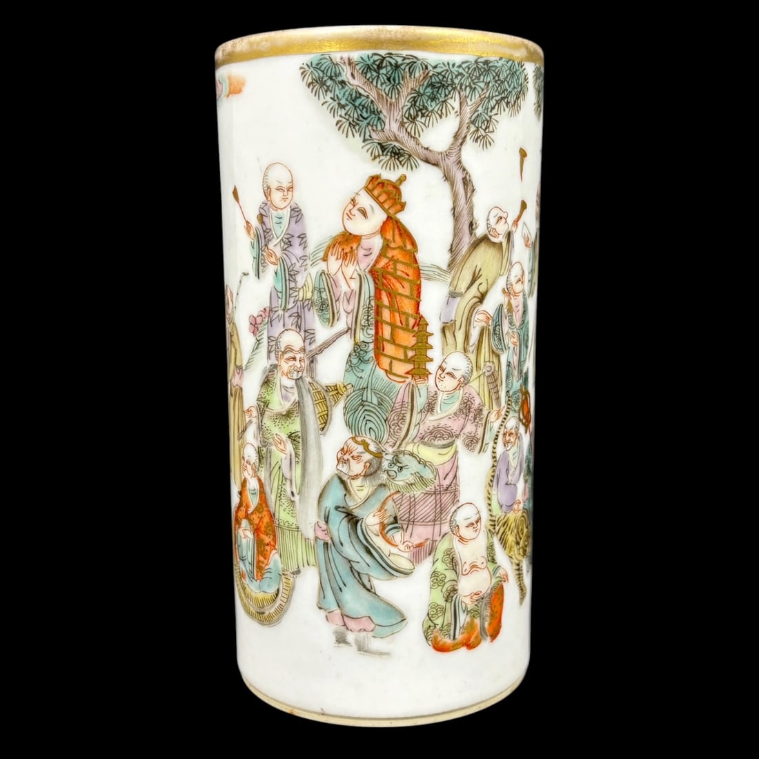 Chinese Famille Rose Porcelain Brush Pot (Bitong) with Immortals: A