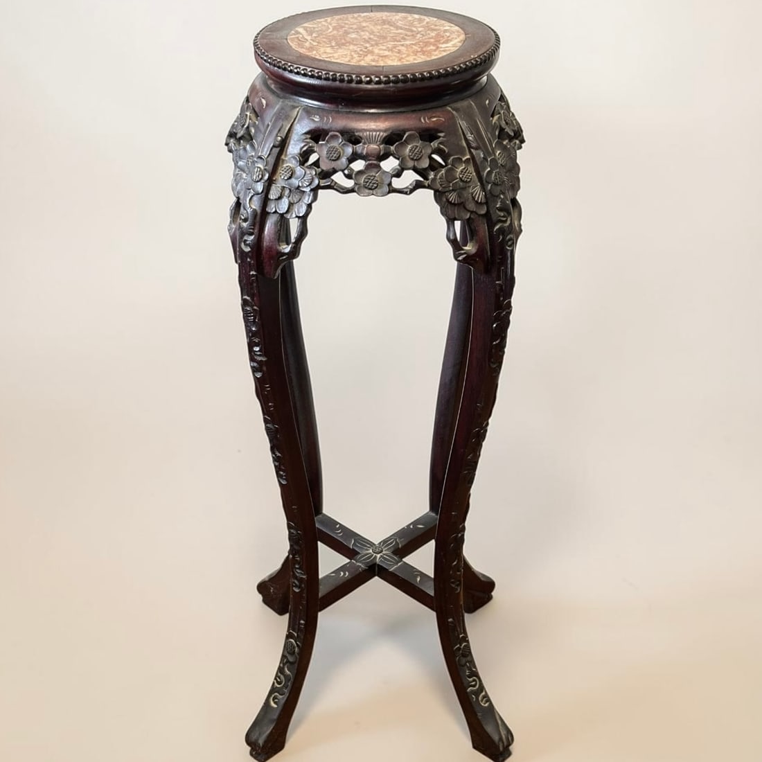 Chinese Carved Hardwood Floral Motif Plant Stand with Marble Top (1 of 7)